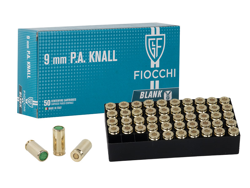 Platzpatronen Fiocchi Kaliber 9 mm P.A. Nitro für Pistolen vermessingt 50 Stück (P18)