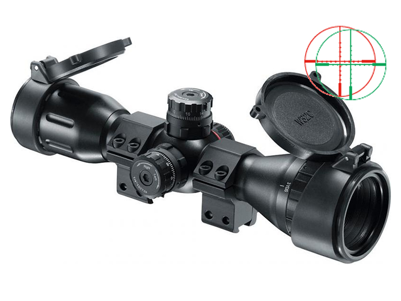 Luftgewehr-Zielfernrohr Walther 4x32 Mini Double Color CQB, Leuchtabsehen MilDot, inklusive 11 mm HP Montage