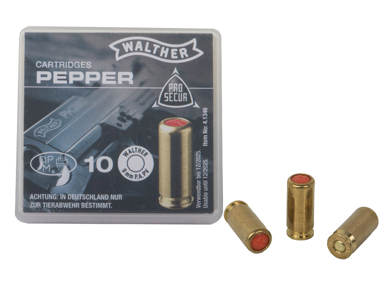 Pfefferpatronen Abwehrpatronen Walther Kaliber 9 mm P.A. PV für Pistolen 120 mg Wirkstoff 10 Stück (P18)
