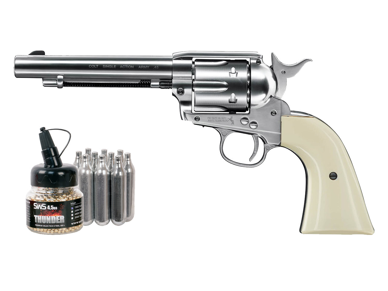 CO2 Revolver Colt Single Action Army SAA .45 5.5 Zoll Nickel Finish weiße Griffschalen Kaliber 4,5 mm BB (P18)<b>+ Stahlrundkugeln CO2 Kapsel</b>