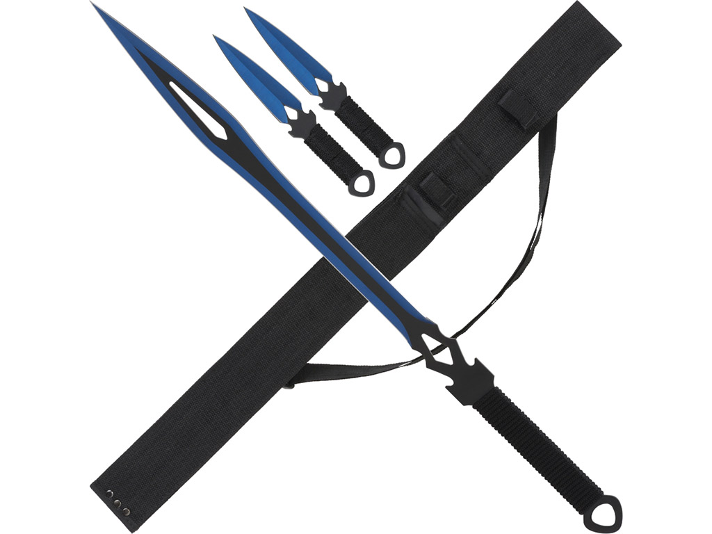 Rückenschwert mit Dolchen Stahl 420 Gesamtlänge Schwert 71cm Gesamtlänge Wurfmesser 15 cm Nylonscheide (P18)