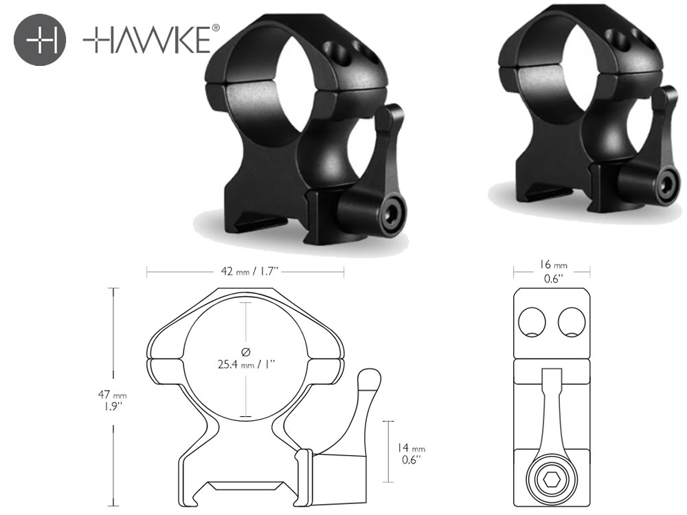 HAWKE 22102 25,4mm Ringmontage Hoch für 9-11mm Schiene  Zielfernrohr Halterung 