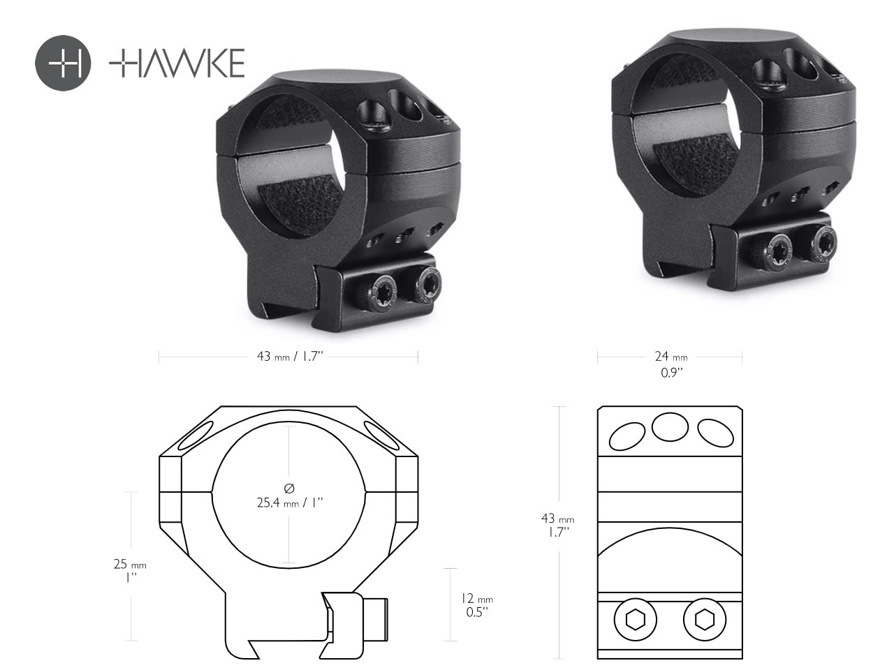 HAWKE Zielfernrohrmontage, Ringmontage (Paar), 9-11 mm Schiene, 1 Zoll Durchmesser, Alu, mittel