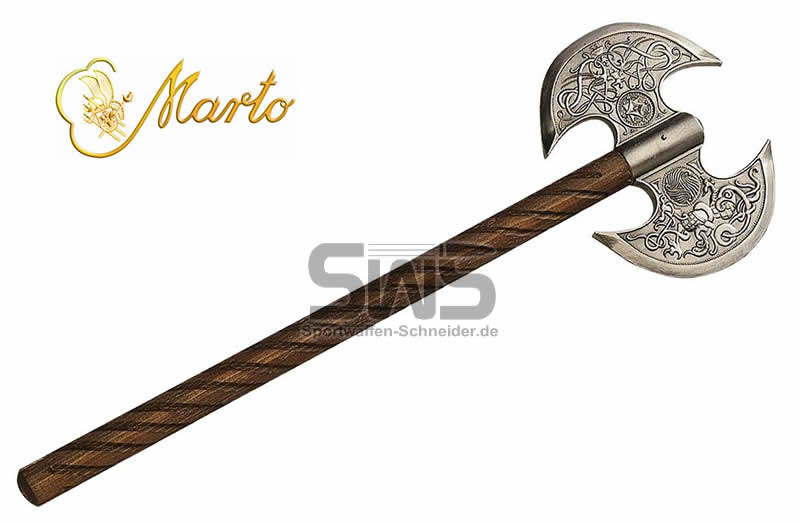 MARTO Mittelalter-Doppelaxt, Axtblatt verziert, aus Stahl, 60 cm lang (P18)