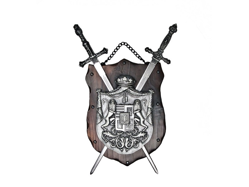 B-Ware Wandschild Holz mit Wappen und gekreuzten Schwertern