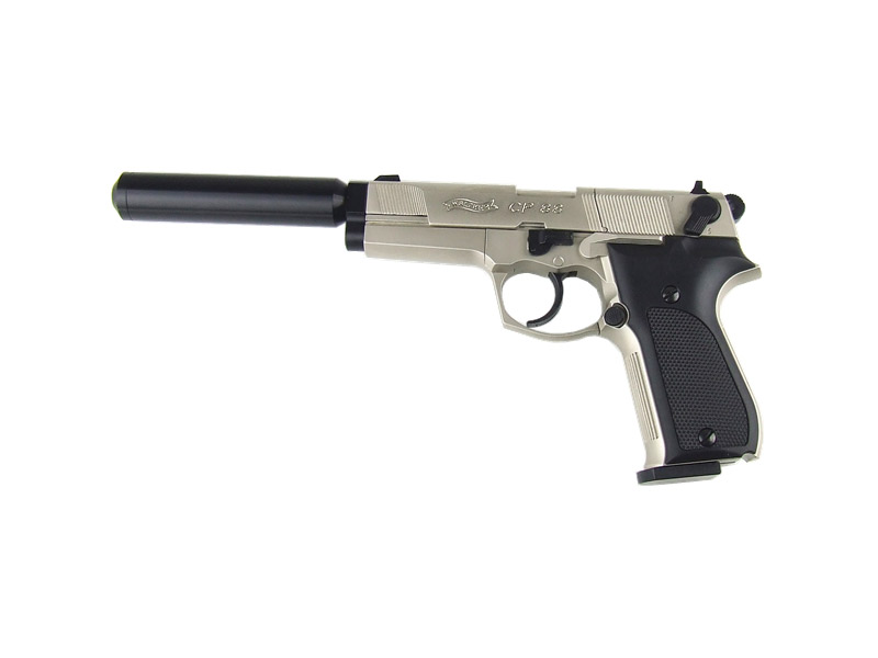 CO2 Pistole Walther CP88 nickel Kunststoffgriffschalen Kaliber 4,5 mm Diabolo (P18)<b> + Schalldämpfer schwarz Adapter</b>
