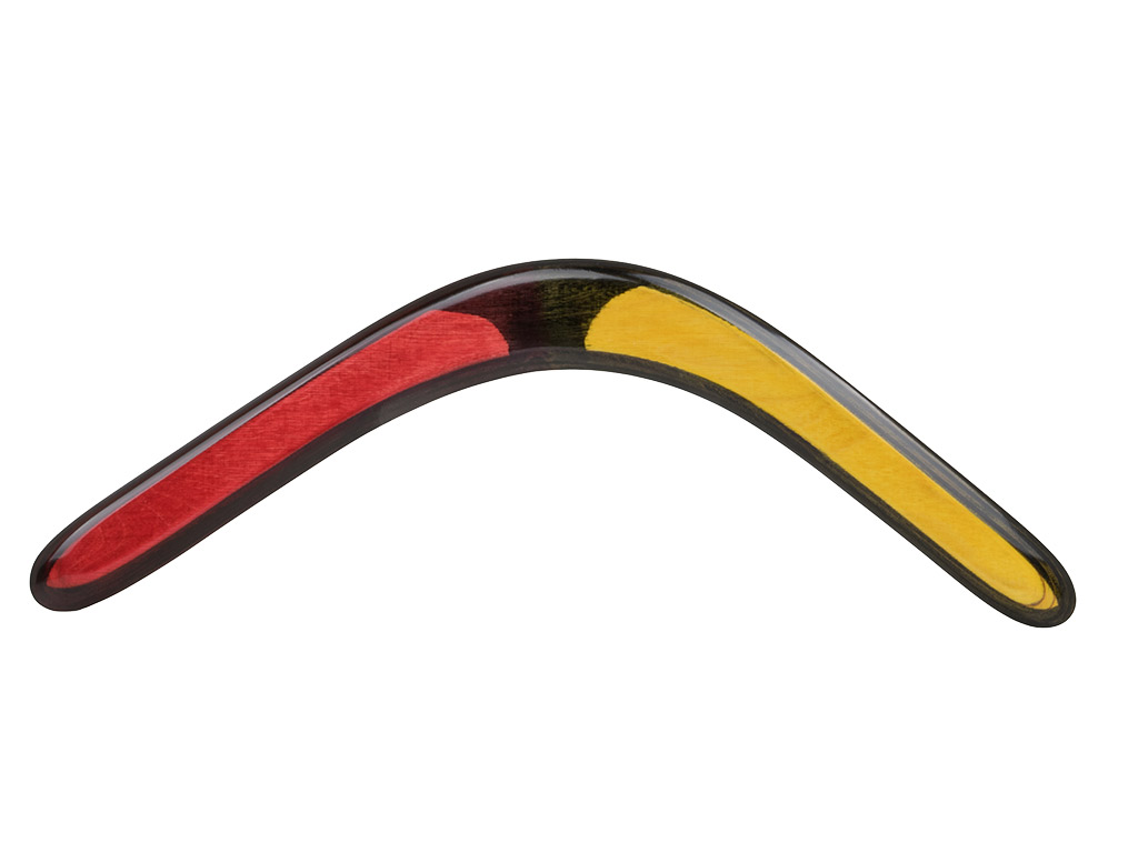 Chukka Bumerang Boomerang Holz rot schwarz gelb Linkshand 80 m Reichweite