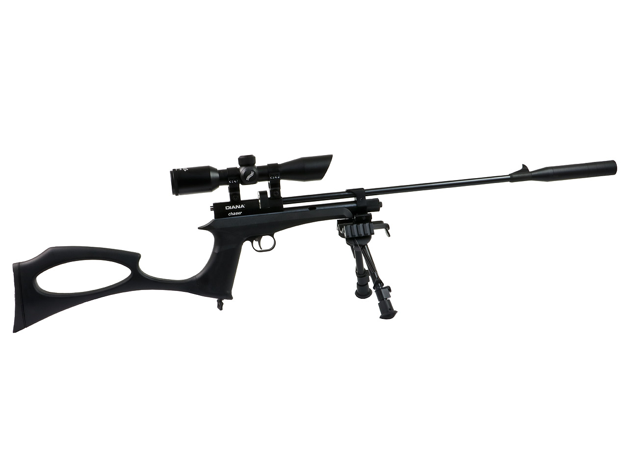 CO2 Pistole und Gewehr Diana Chaser Rifle Bipod Set Schalldämpfer Zielfernrohr 4x32 Zweibein 9 Schuss Trommelmagazin Kaliber 4,5 mm (P18)