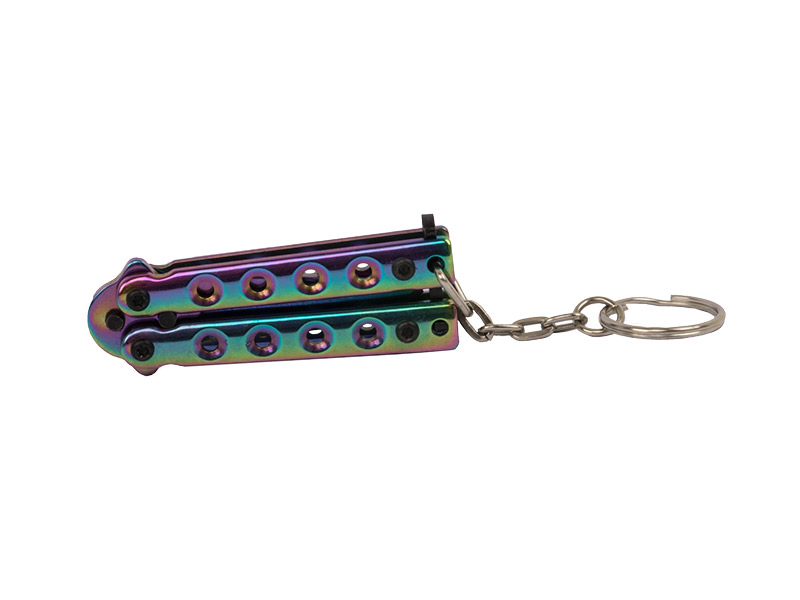 Schlüsselanhänger Mini Butterfly Messer Stahl Klingenlänge 40 mm rainbow mit Schlüsselring und Kette