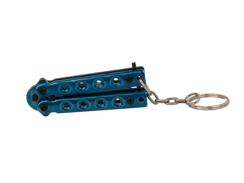 Schlüsselanhänger Mini Butterfly Messer Stahl Klingenlänge 40 mm blau mit Schlüsselring und Kette