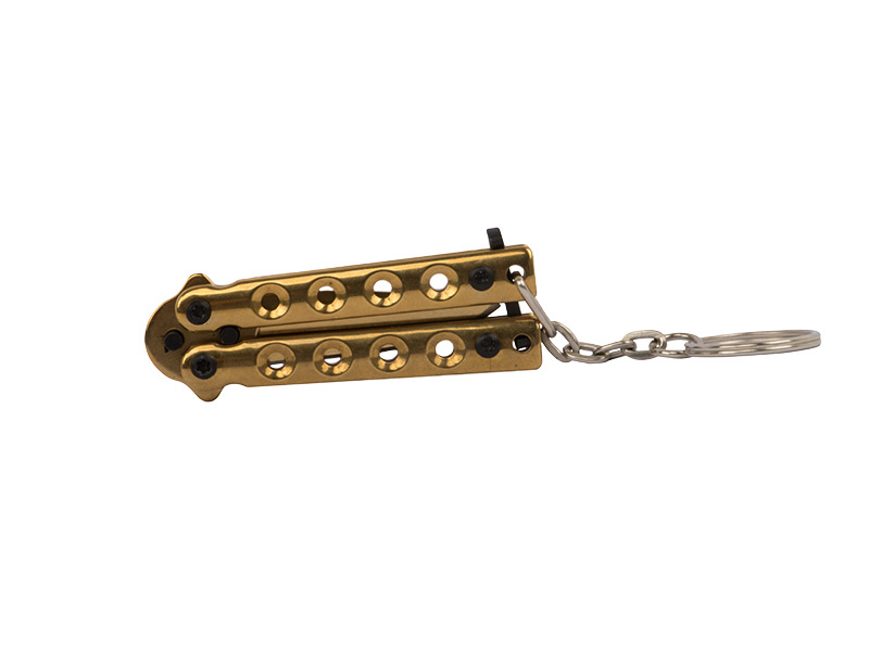 Schlüsselanhänger Mini Butterfly Messer Stahl Klingenlänge 40 mm gold mit Schlüsselring und Kette