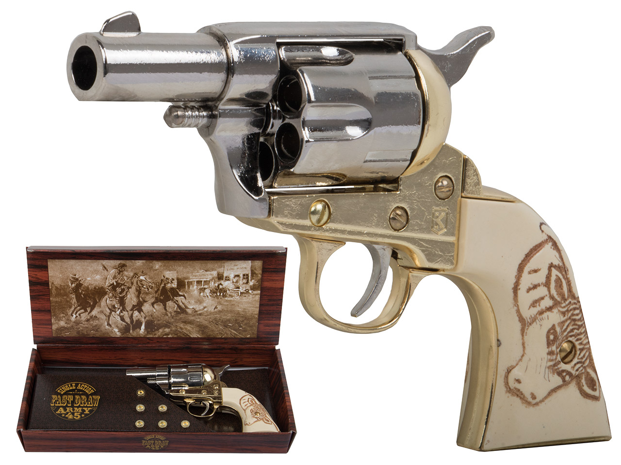 Deko Revolver Kolser Colt SAA Single Action Army Snub Nose 2,5 Zoll weiße Griffschalen mit Stiermotiv nickel gold