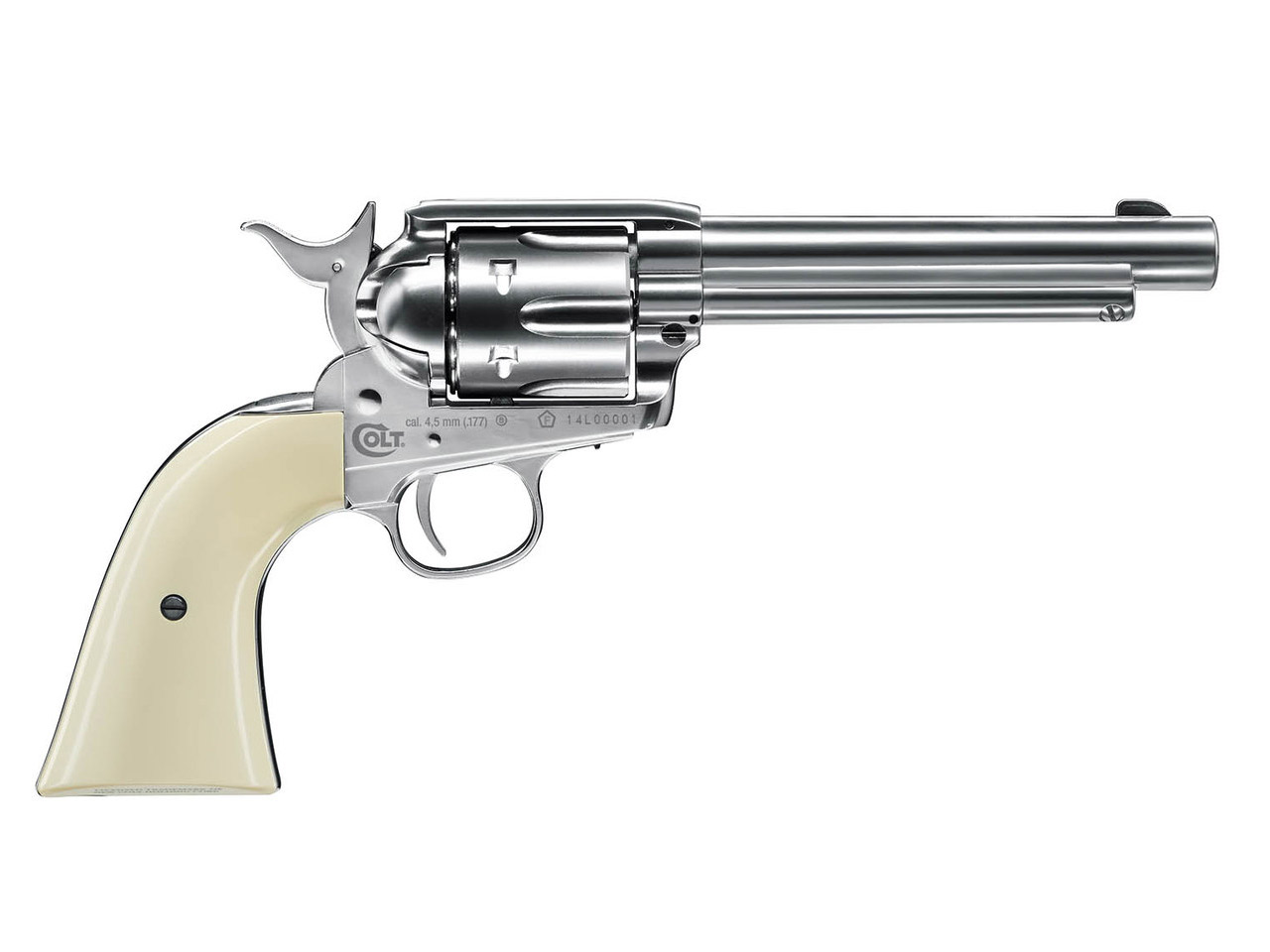 CO2 Revolver Colt Single Action Army SAA .45 5.5 Zoll Nickel Finish weiße Griffschalen Kaliber 4,5 mm BB (P18)
