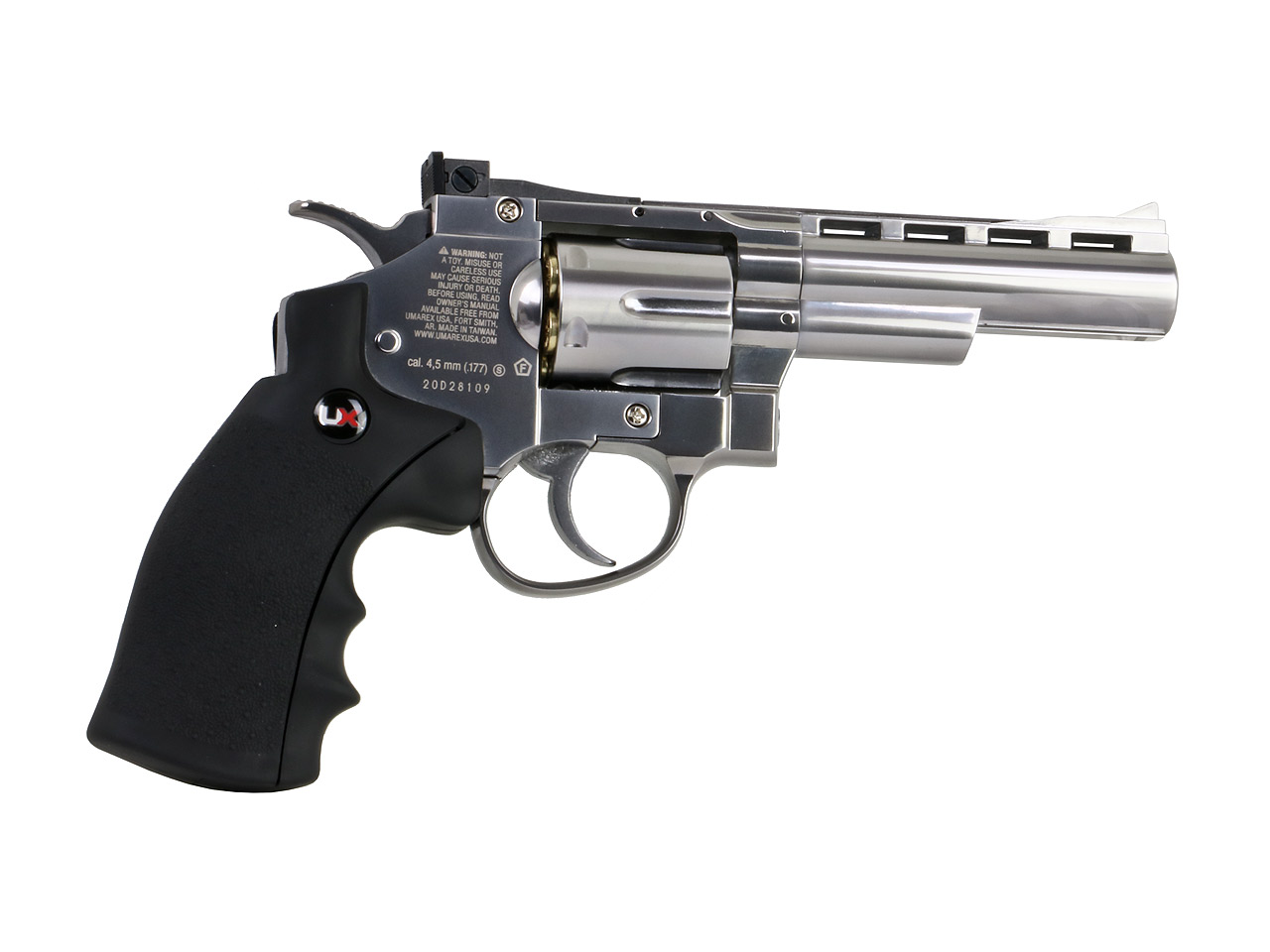 CO2 Revolver UX 357 Vollmetall nickel 4 Zoll Lauf Kunststoffgriffschalen Kaliber 4,5 mm (P18) <b>+ BB Kugeln Zeilscheiben Co2 Kapsel Koffer</b>