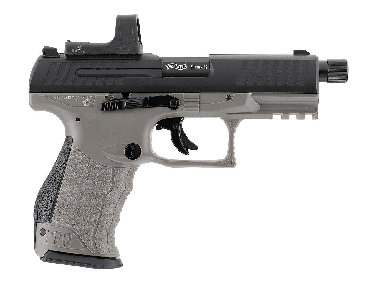CO2 Pistole Walther PPQ M2 Q4 TAC Combo 4.6 Zoll Tungsten Gray Kaliber 4,5 mm Diabolo (P18)<b> + Leuchtpunktvisier RDS 8</b>