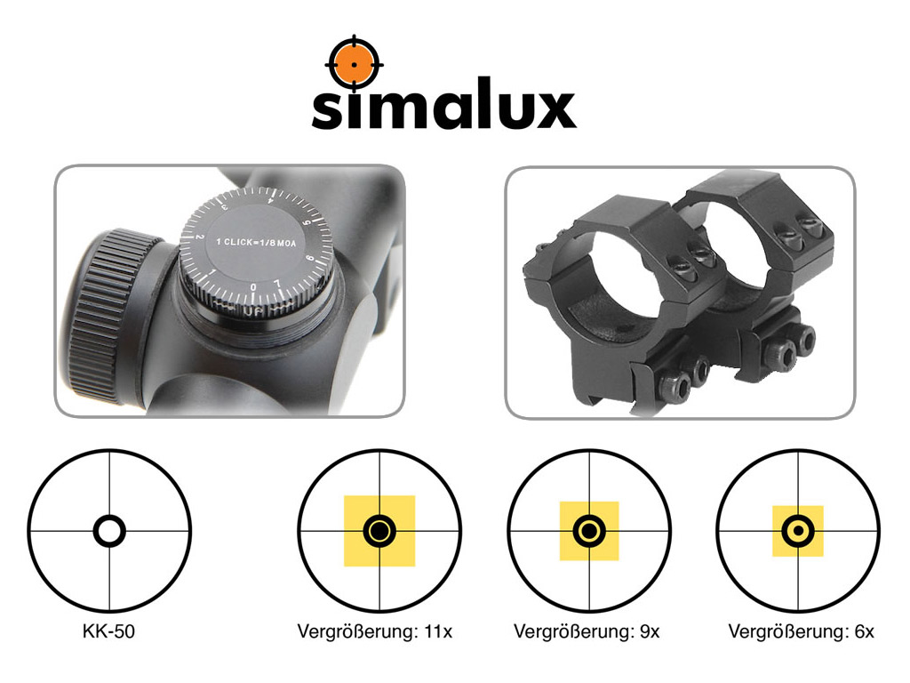 Zielfernrohr Simalux 4-12x44 Absehen KK50 1/8 MOA inkl. Ringmontagen für 11 mm Prismenschiene
