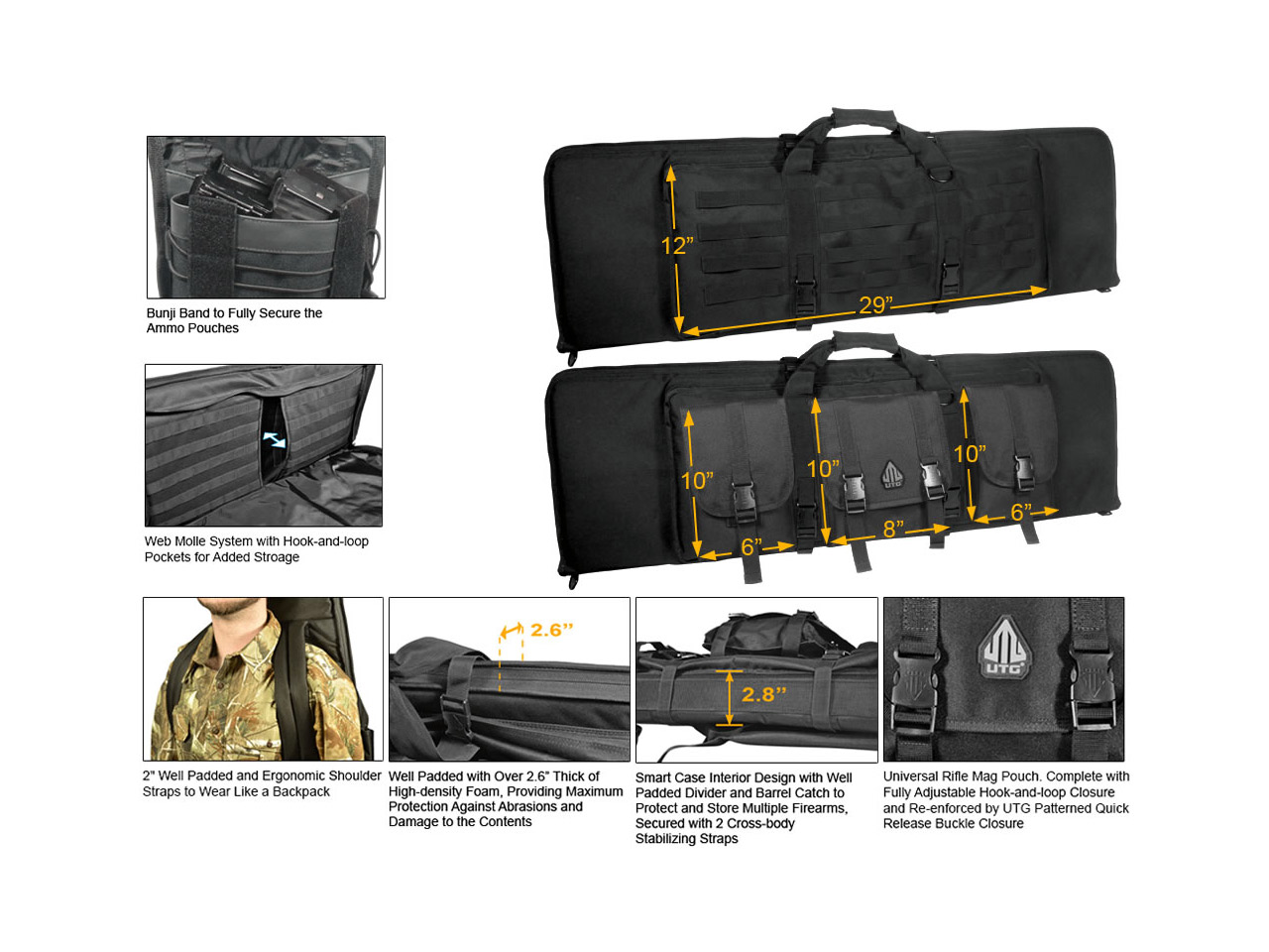 Gewehrfutteral Transporttasche Combat Operation RC Serie 106 x 30 cm abschließbar Polyester mehrere Taschen Rucksackgurt schwarz