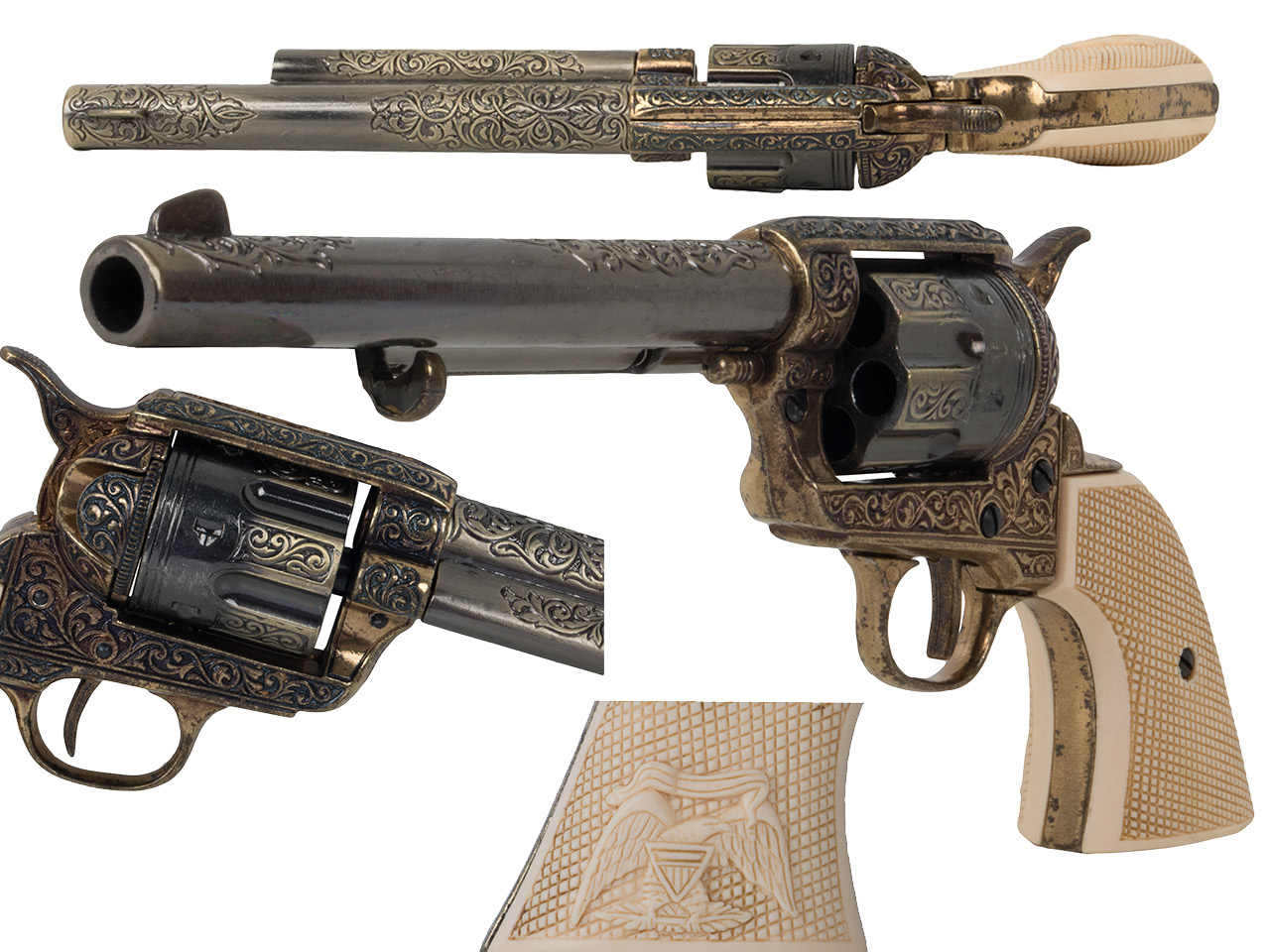 Deko Kavallerierevolver Colt Peacemaker USA 1973 Single Action Army Kaliber .45 Länge 34 cm verziert weiße Griffschalen