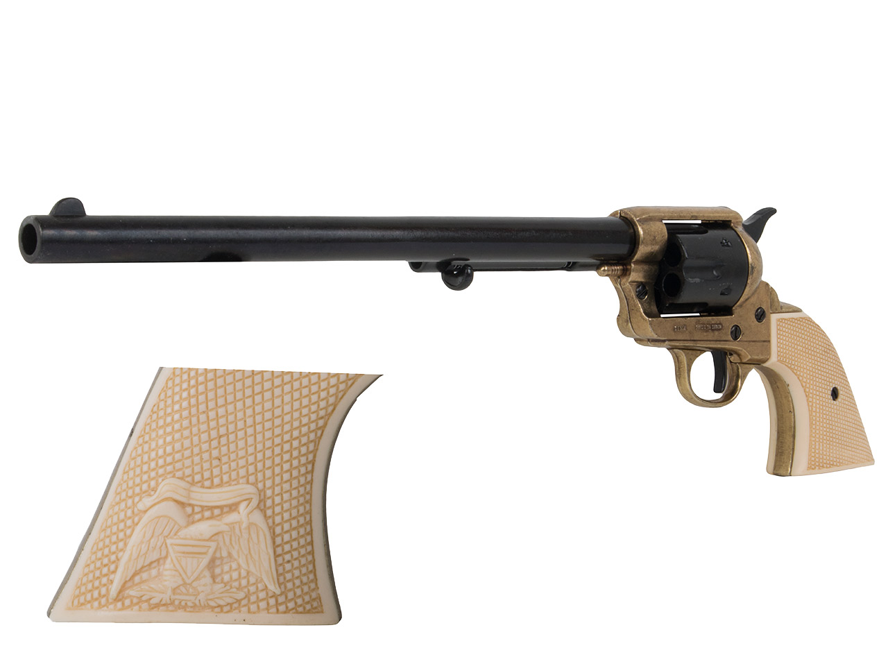 Deko Revolver Colt Peacemaker 1873 Widowmaker 12 Zoll schwarz messing  Elfenbeinfarbige Griffe