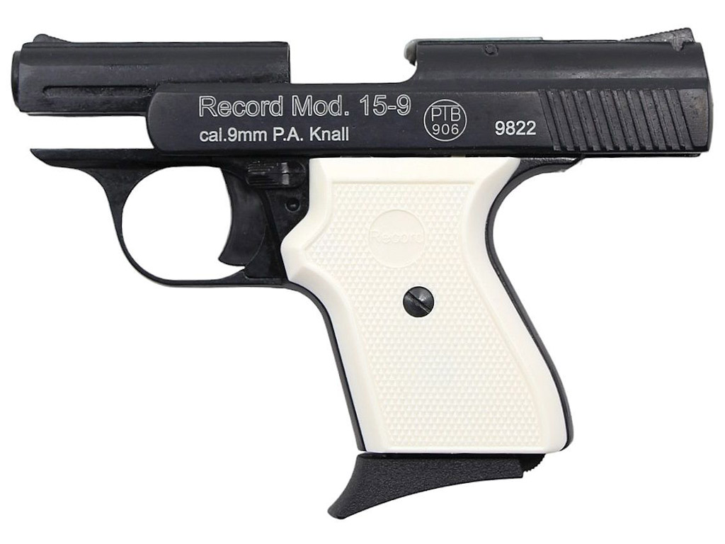 Schreckschuss Pistole Record 15-9 Snowflake brüniert weiße Griffschalen Kaliber 9 mm P.A.K. (P18)