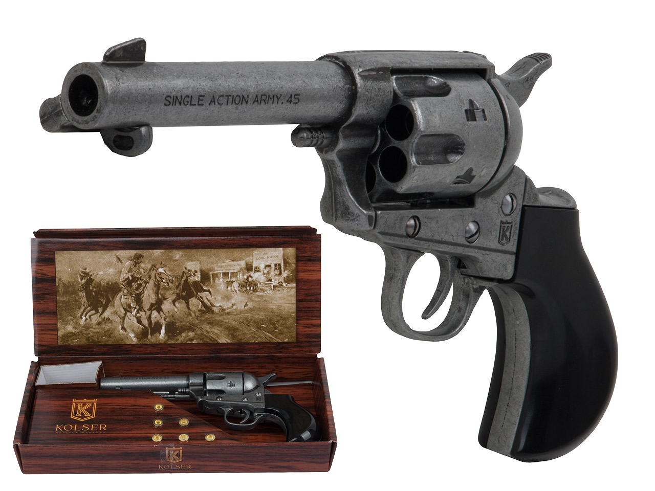 Deko Revolver Kolser Colt Thunderer Single Action Army .45 Peacemaker USA altgrau schwarze Kunststoffgriffschalen