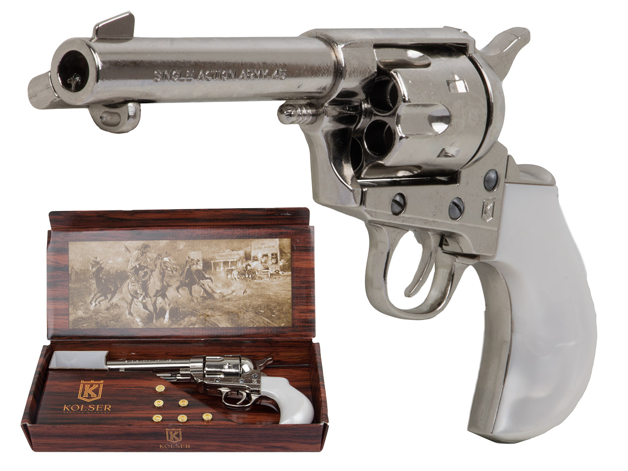 Deko Revolver Kolser Colt Thunderer Single Action Army .45 Peacemaker USA nickel poliert perlmuttfarbene Kunststoffgriffschalen
