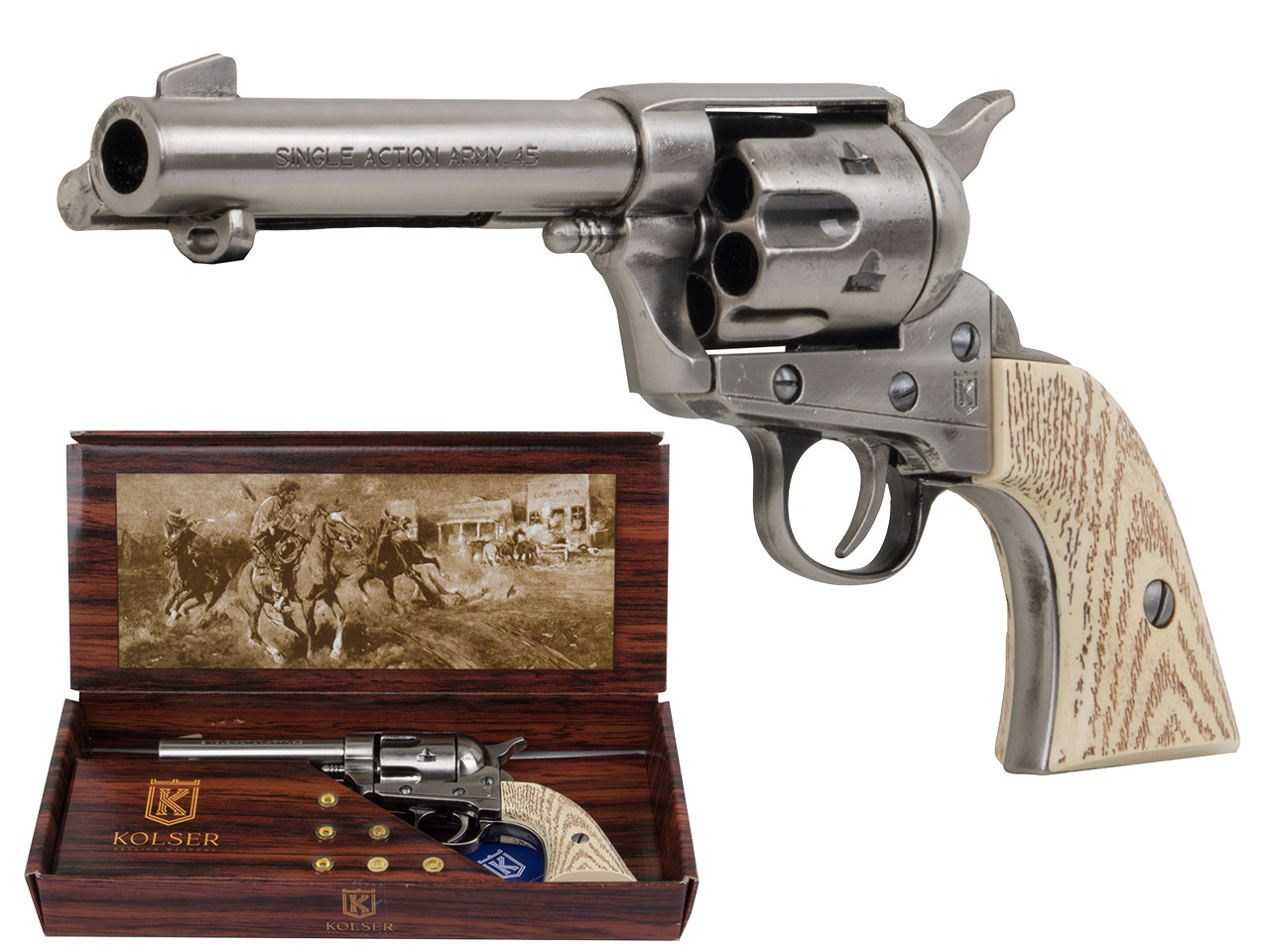 Deko Revolver Kolser Colt SAA .45 Peacemaker USA 1873 4,75 Zoll nickel weiße Griffschalen