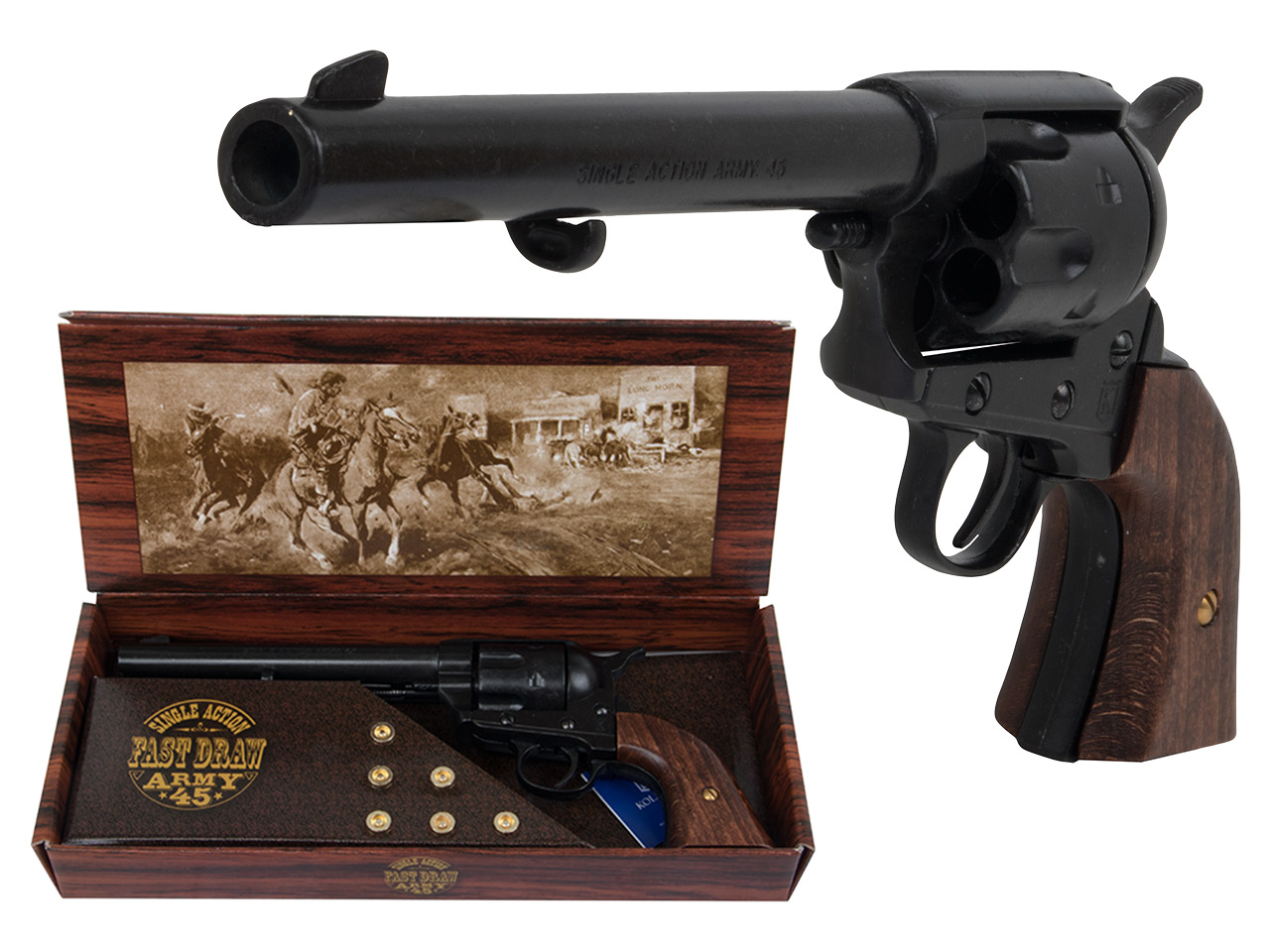 <b>Set 2</b> Western Revolvergurt rechts 110 cm 2 Holster hellbraun und 2 Deko Revolver Kolser Colt SAA .45 Peacemaker 5,5 Zoll schwarz