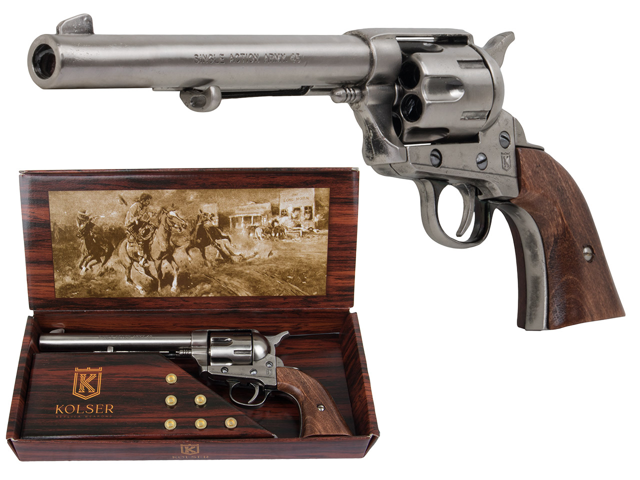 Deko Revolver US Kavallerierevolver Kolser Colt SAA .45 Peacemaker USA 1873 7,5 Zoll nickel poliert Holzgriffschalen