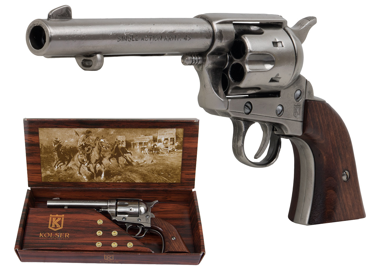 <b>Set 8</b> Western Revolvergurt rechts 100 cm 1 Holster hellbraun und Deko Revolver Kolser Colt SAA .45 Peacemaker 5,5 Zoll nickel