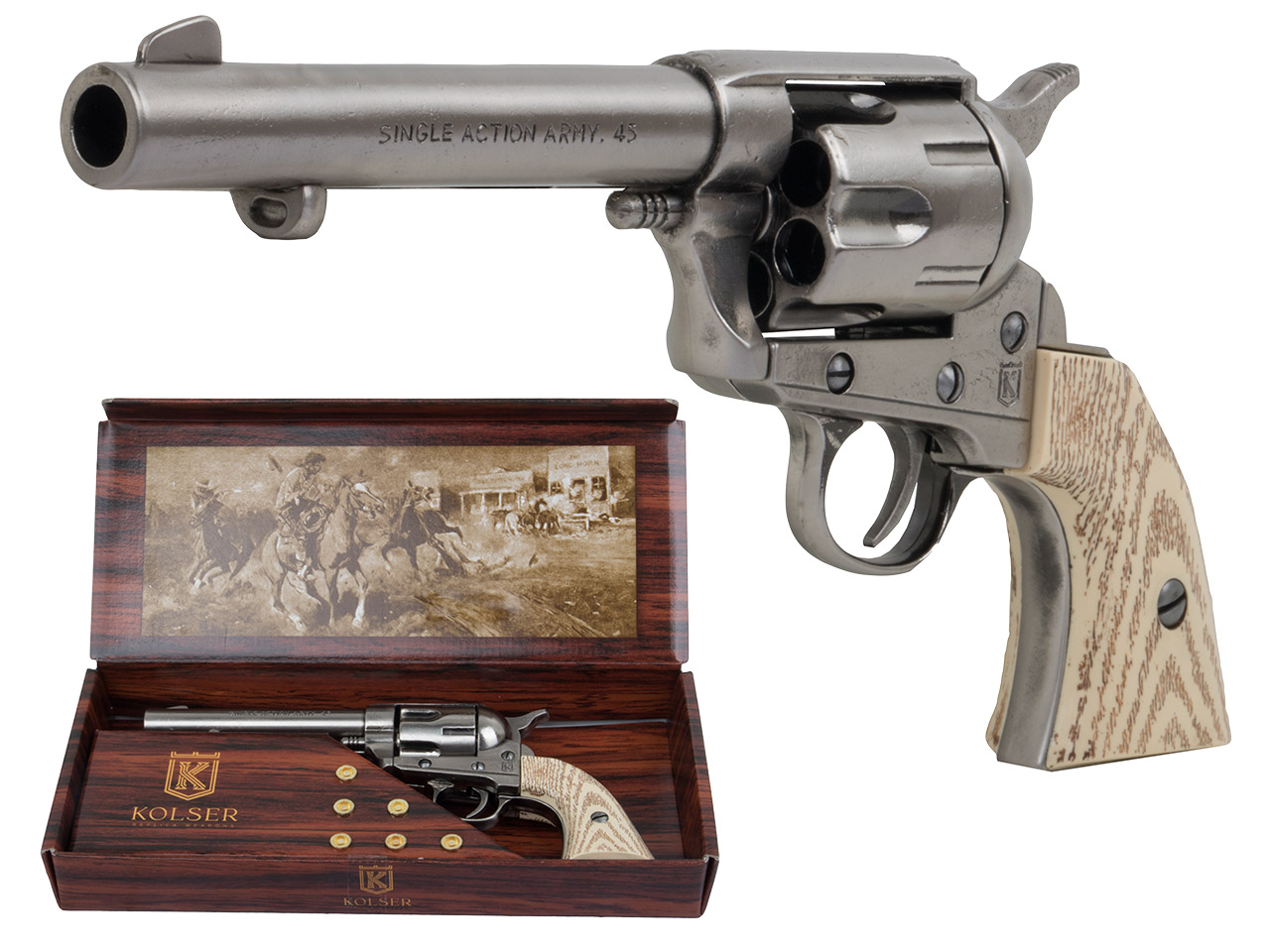 Deko Revolver Kolser Colt SAA .45 Peacemaker USA 1873 5,5 Zoll nickel poliert weiße Griffschalen