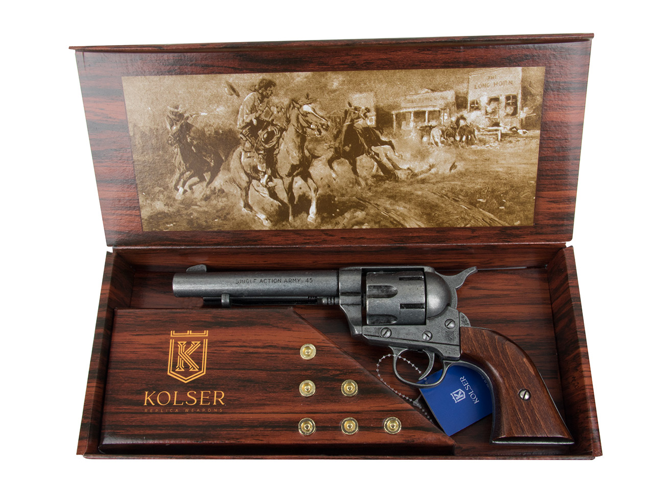 Deko Revolver Kolser Colt SAA .45 Peacemaker USA 1873 5,5 Zoll antik grau Griffschalen in Holzoptik