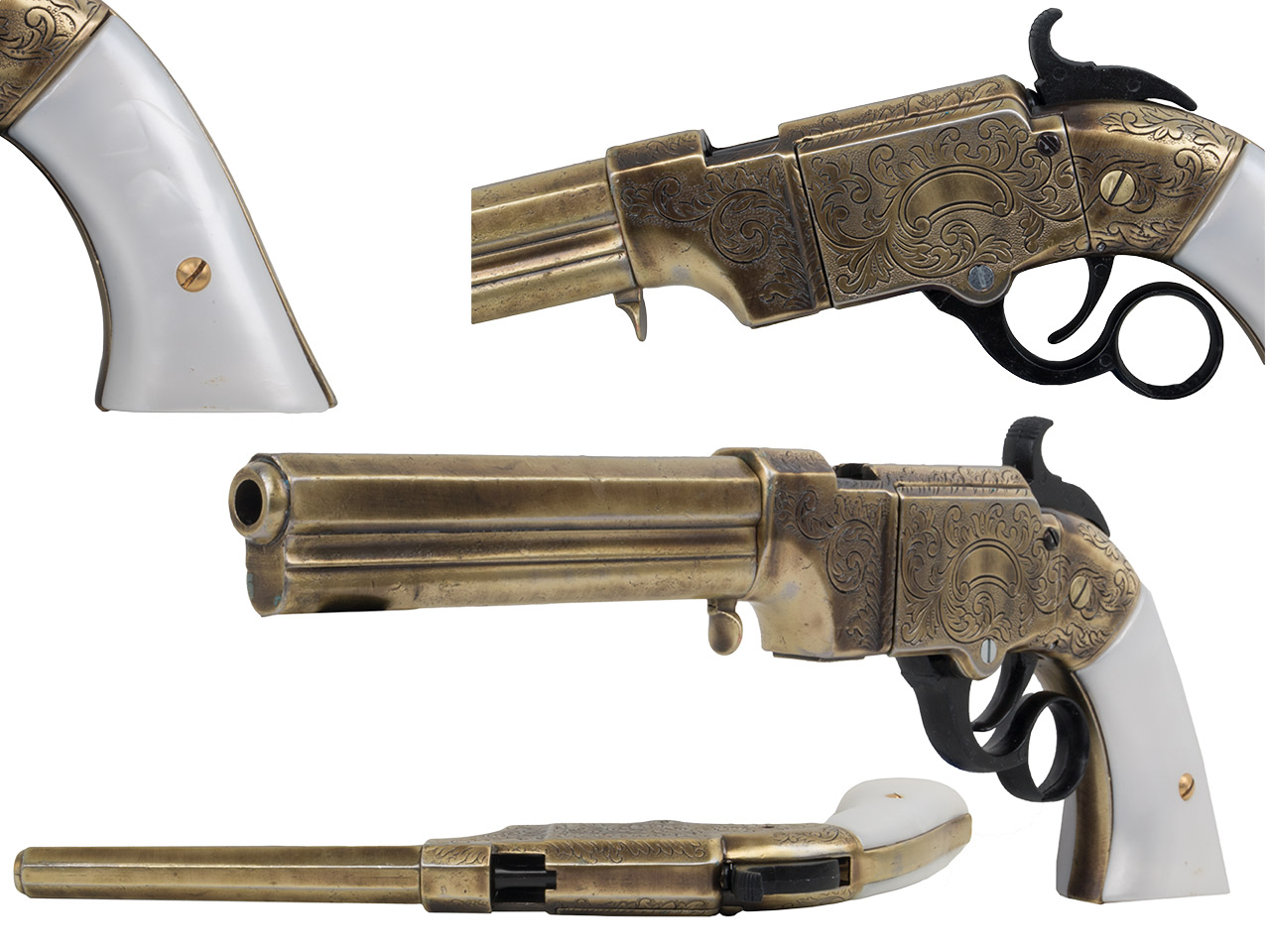 Deko Western Repetierpistole Volcanic 1854 Special Edition 6 Zoll messing perlmuttfarbene Kunststoffgriffschalen