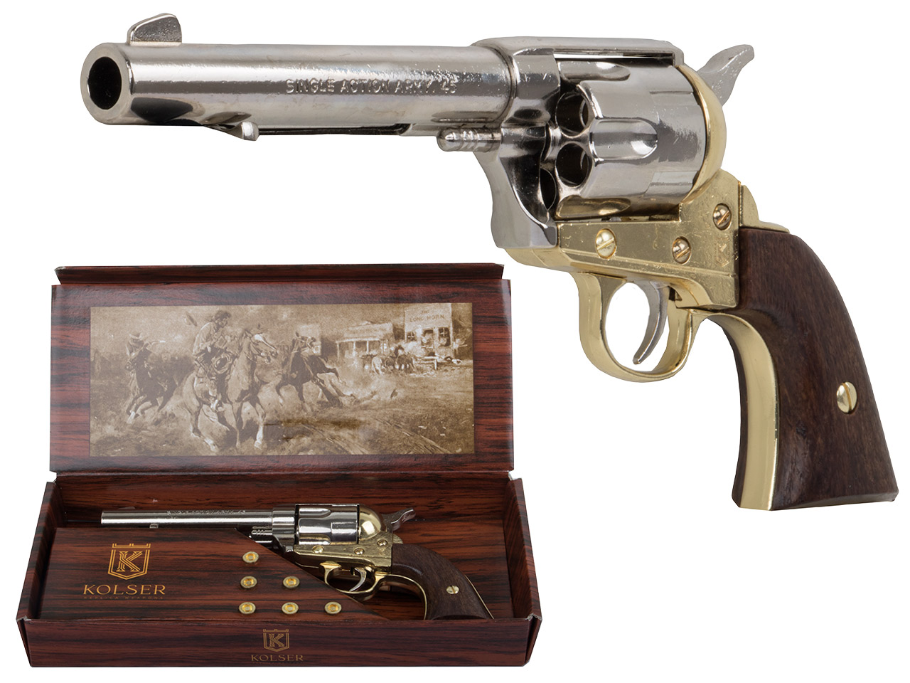 <b>Set 5</b> Western Revolvergurt rechts 100 cm 2 Holster hellbraun und 2 Deko Revolver Kolser Colt SAA .45 Peacemaker 5,5 Zoll nickel gold