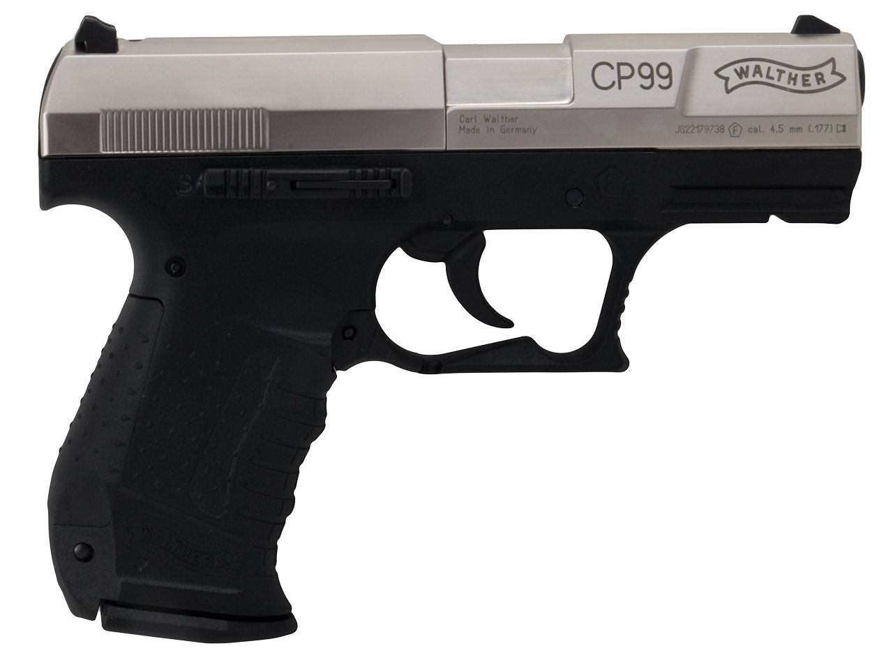 CO2 Pistole Walther CP99 Lauf 3 Zoll nickel Kaliber 4,5 mm Diabolos (P18) <b> silberner SWS Schalldämpfer Adapter</b>