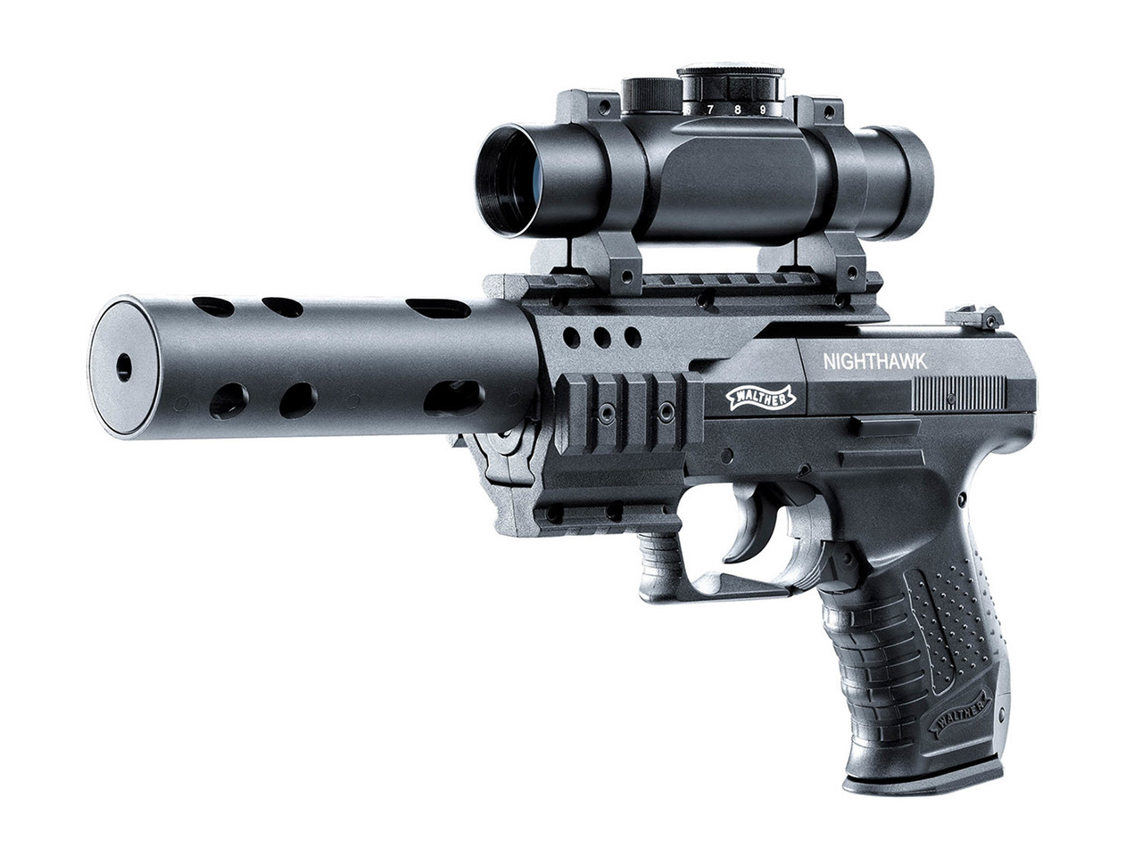 CO2 Pistole Walther Night Hawk schwarz Kaliber 4,5 mm Diabolo (P18)<b>+ schwarzer SWS Schalldämpfer Adapter</b>