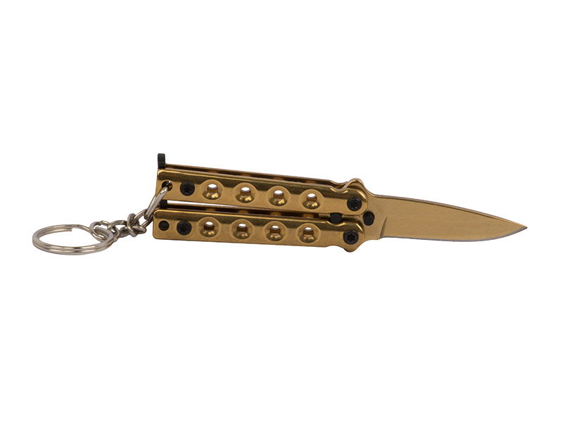 Schlüsselanhänger Mini Butterfly Messer Stahl Klingenlänge 40 mm gold mit Schlüsselring und Kette