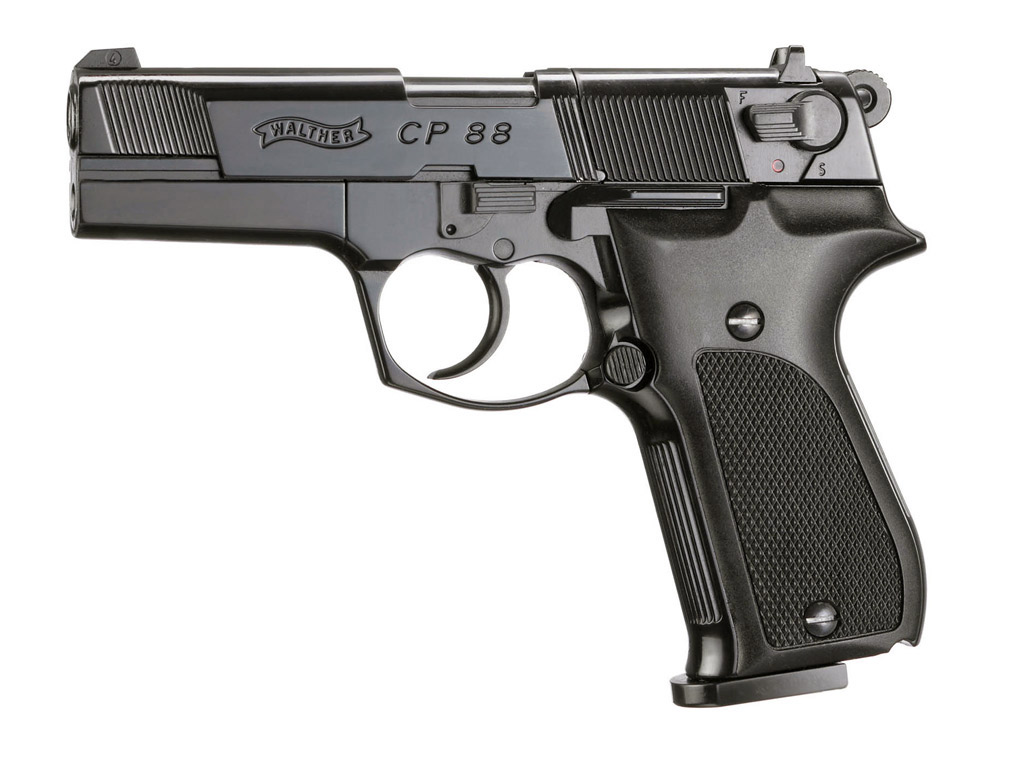 CO2 Pistole Walther CP88 Kunststoffgriffschalen schwarz Kaliber 4,5 mm Diabolo (P18)<b> + silbernen SWS Schalldämpfer Adapter</b>