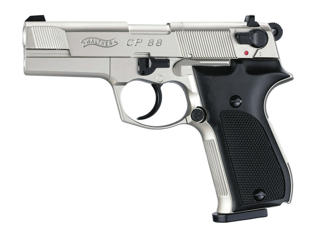 CO2 Pistole Walther CP88 nickel Kunststoffgriffschalen Kaliber 4,5 mm Diabolo (P18)<b> + Schalldämpfer silber Adapter</b>