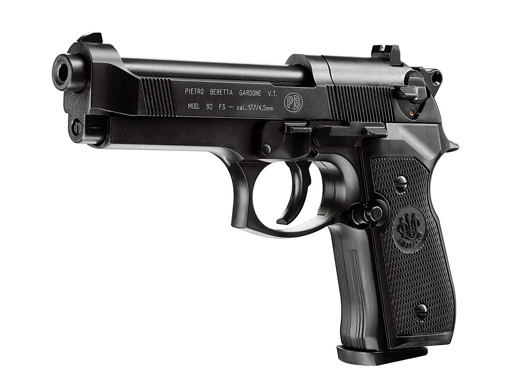 CO2 Pistole M 92 FS schwarz Kunststoffgriffschalen Kaliber 4,5 mm (P18)<b>+ Schalldämpfer schwarz Adapter</b>