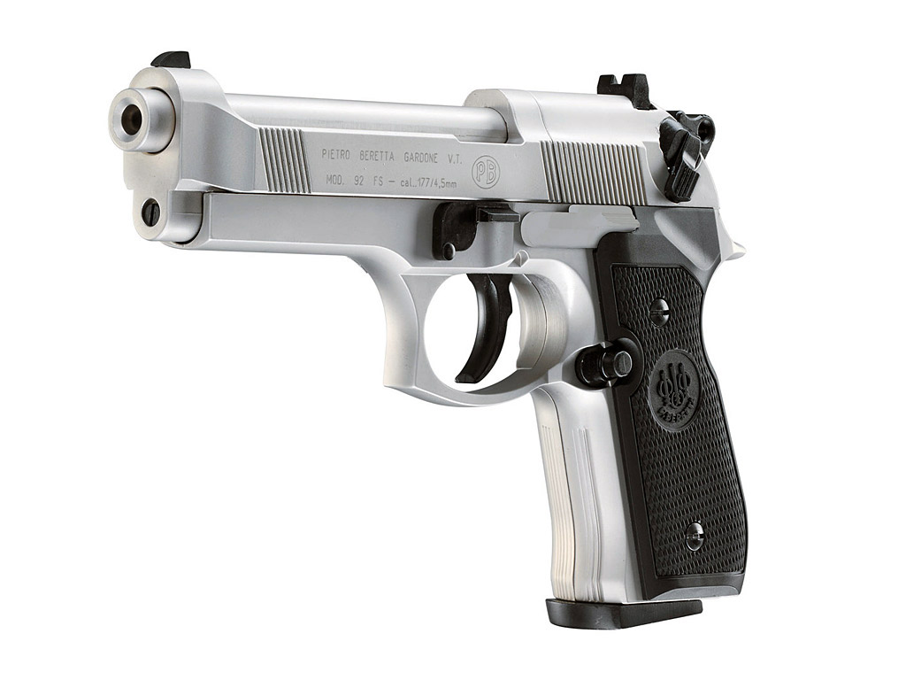 CO2 Pistole Beretta M 92 FS nickel schwarze Kunststoffgriffschalen Kaliber 4,5 mm (P18)<b>+ Diabolos CO2 Kapsel</b>