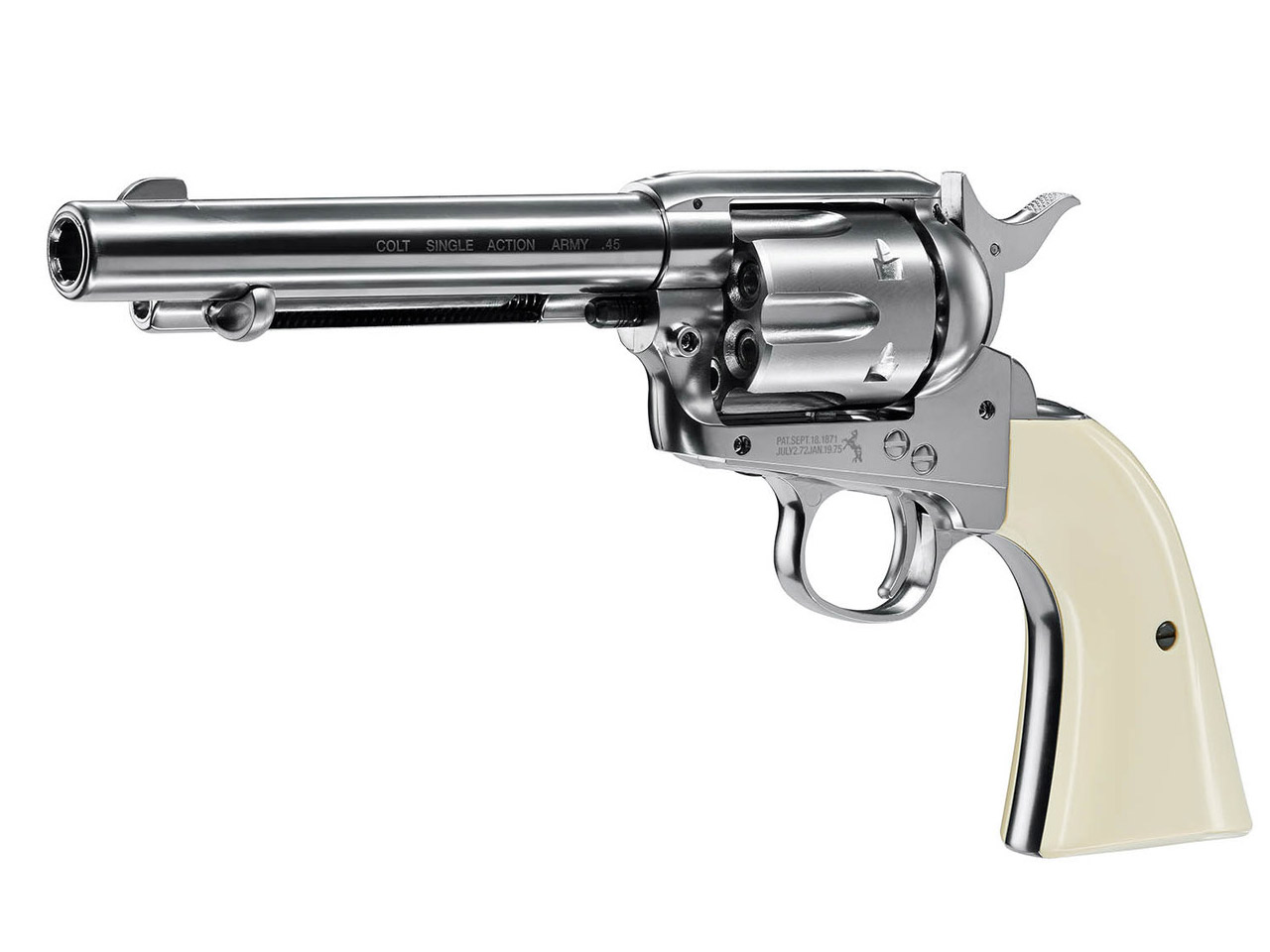 CO2 Revolver Colt Single Action Army SAA .45 5.5 Zoll Nickel Finish weiße Griffschalen Kaliber 4,5 mm Diabolo (P18)
