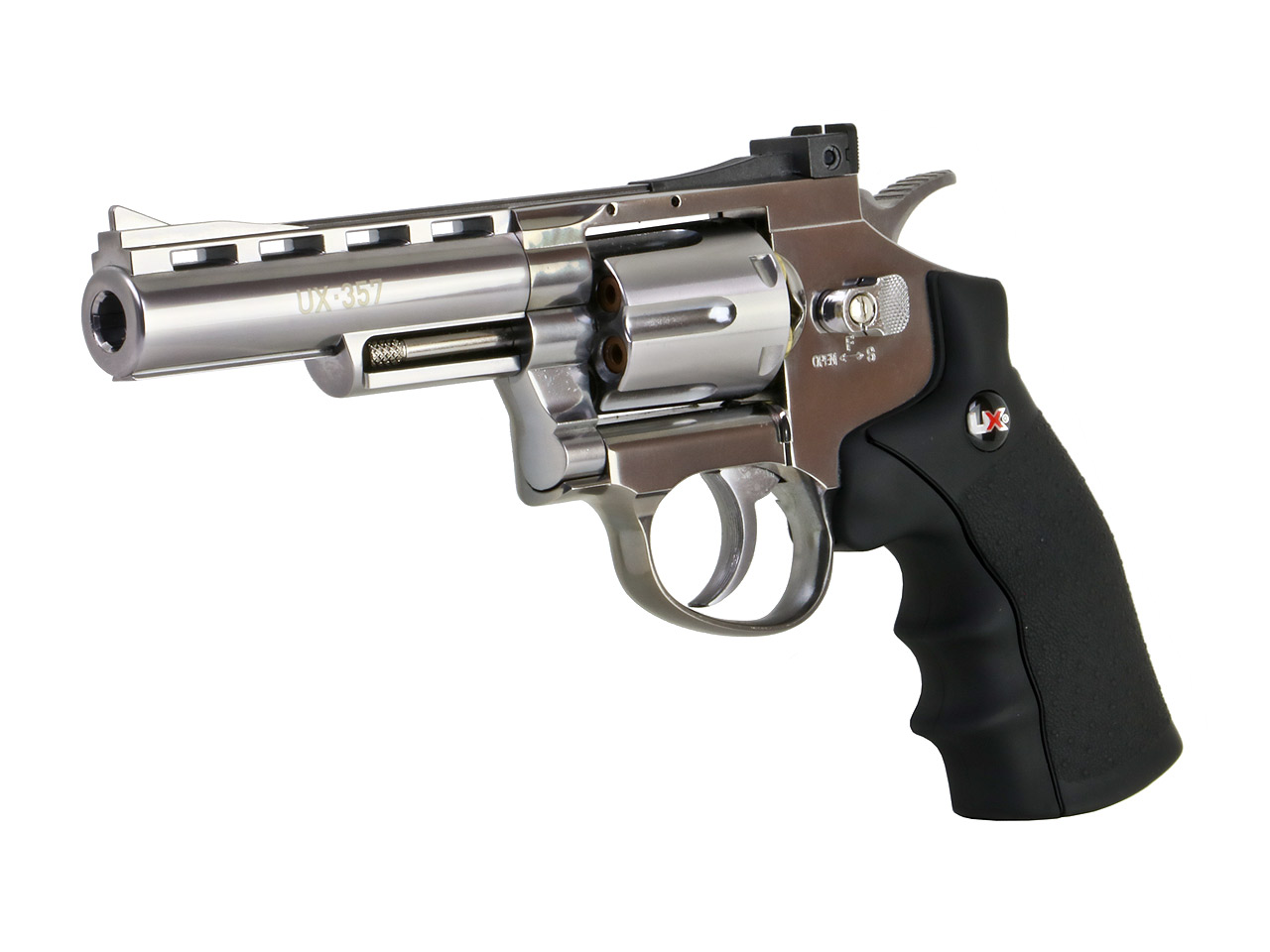 CO2 Revolver UX 357 Vollmetall nickel 4 Zoll Lauf Kunststoffgriffschalen Kaliber 4,5 mm BB (P18)