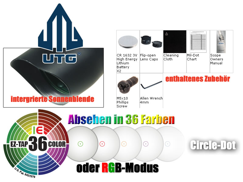 UTG Zielfernrohr PRISMATIC T4, 4x32, Circle Dot Absehen 36 Farben, inkl 22 mm Montage
