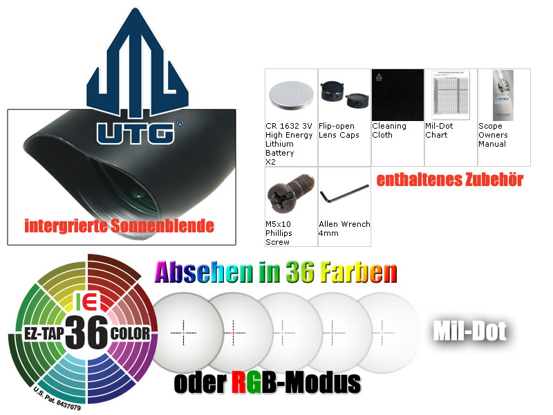 Zielfernrohr UTG Prismatic T4 4x32 Mil Dot Absehen 36 Farben inklusive 22 mm Weaver-, Picatinny Montage