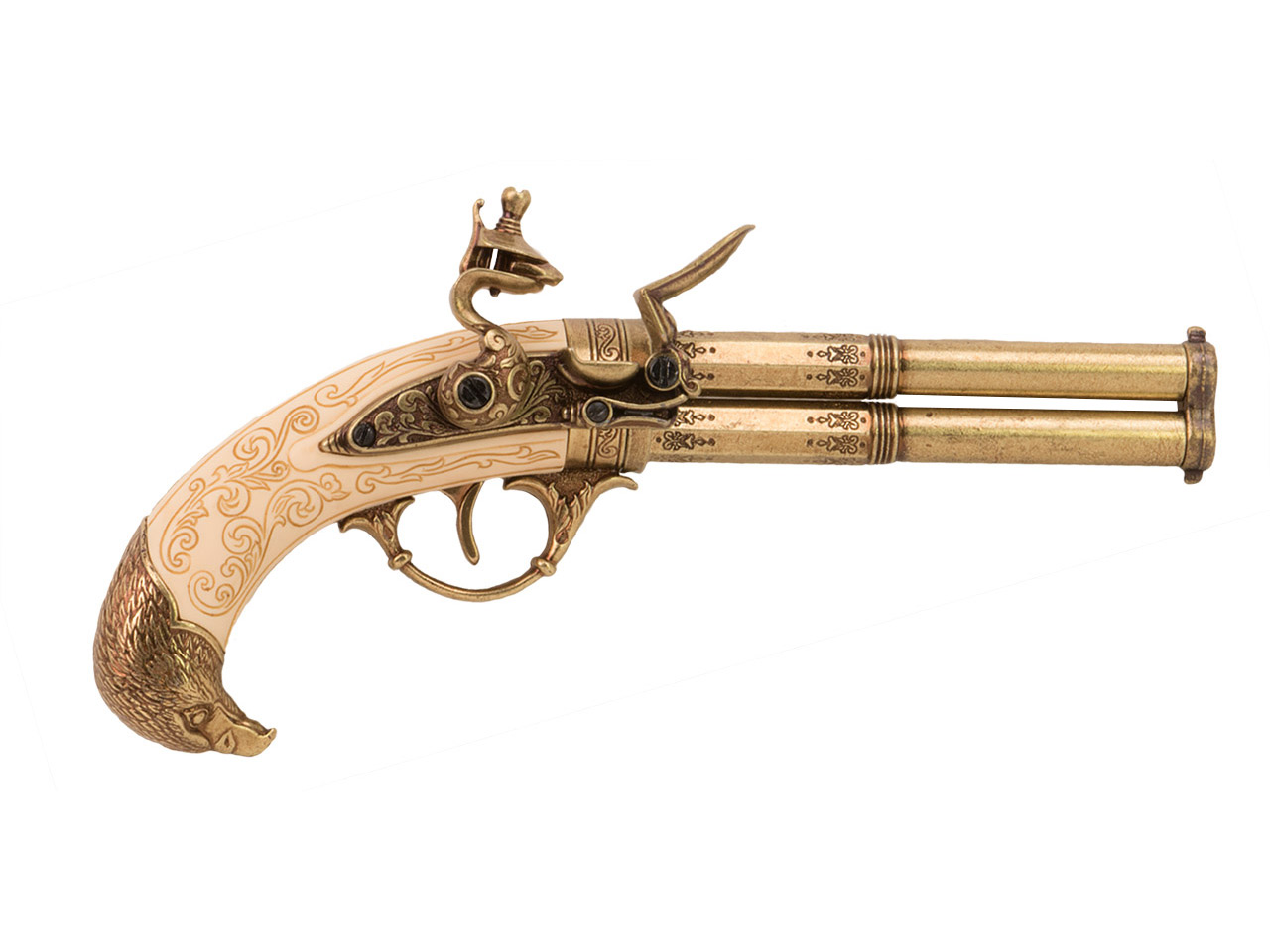 Denix rotierendeSteinschlosspistole mit 2 Läufen Frankreich 18. Jahrhundert Länge 30 cm Adlerkopfgriff messing