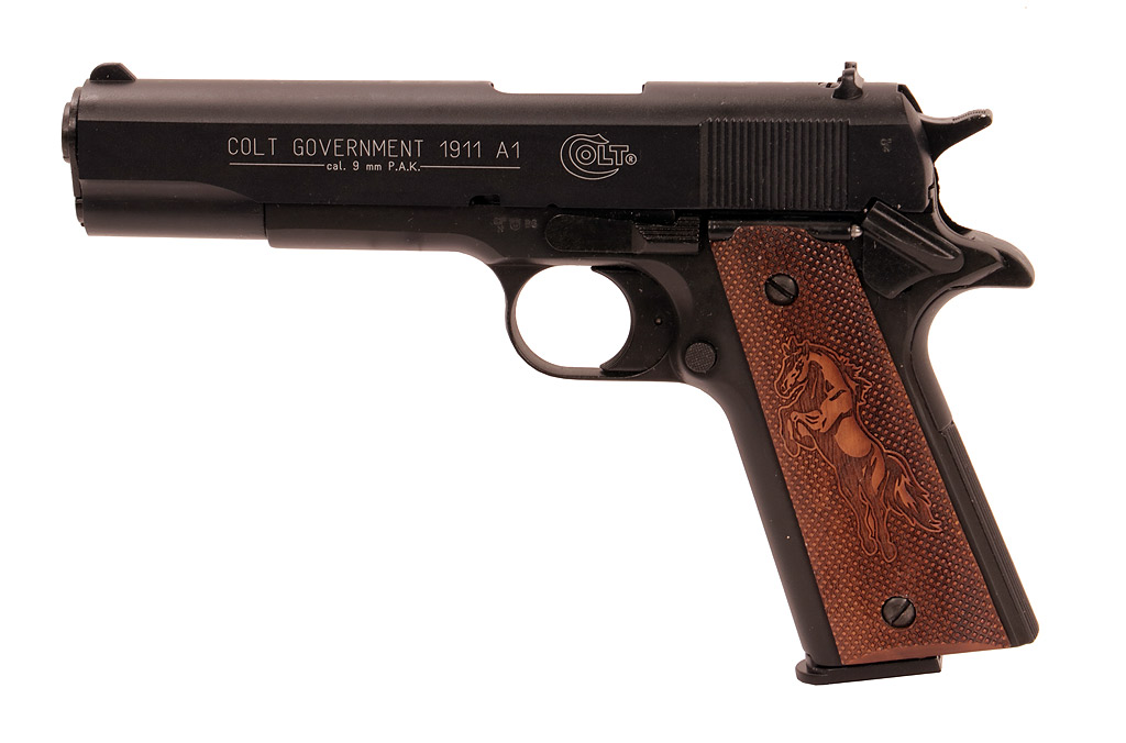 Holzgriffschalen für Schreckschuss-, Gas-, Signalpistole Colt Government 1911 Mustang Fischhaut