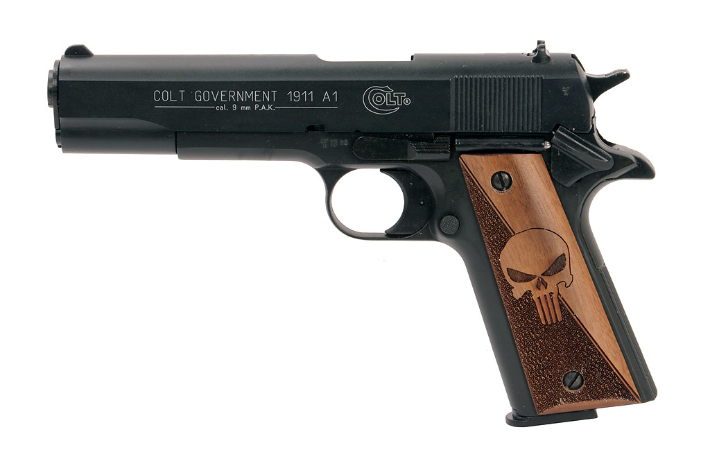 Holzgriffschalen für Schreckschuss-, Gas-, Signalpistole Colt 1911 Punisher punziert