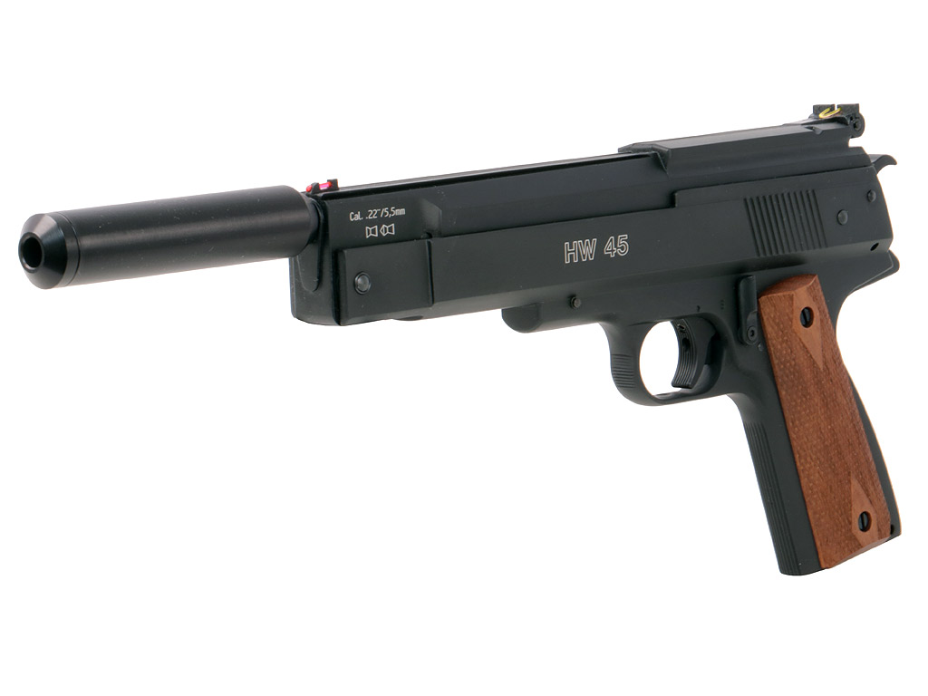Federdruck Luftpistole Weihrauch HW 45 schwarz braune Holzgriffe Kaliber 4,5 mm (P18) <b>+ Schalldämpfer</b>