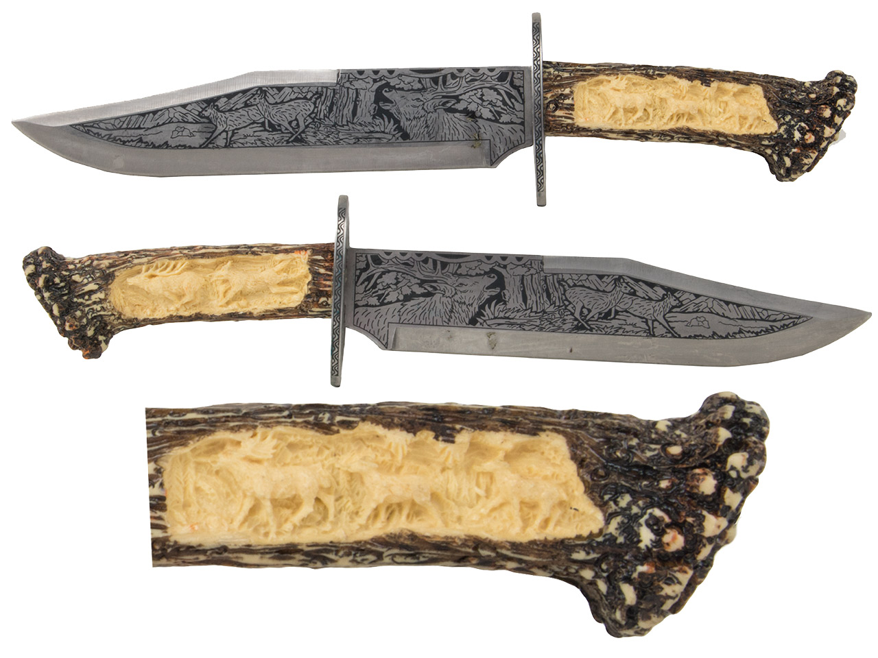 Dekoratives verziertes Messer mit Holzständer Klingenlänge 23 cm (P18)